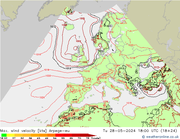 Max. wind velocity Arpege-eu Tu 28.05.2024 18 UTC