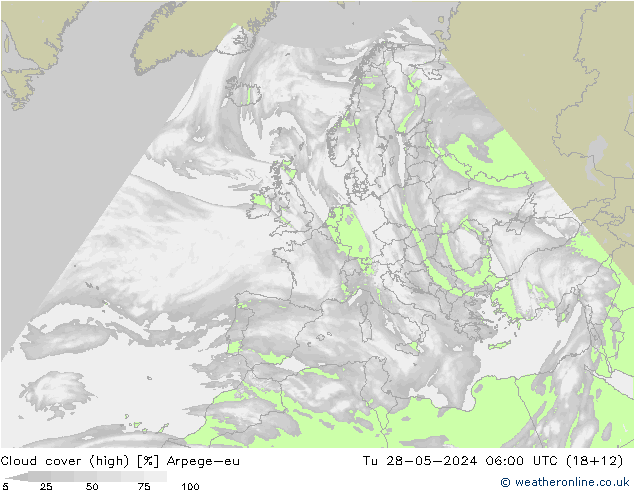 Cloud cover (high) Arpege-eu Tu 28.05.2024 06 UTC