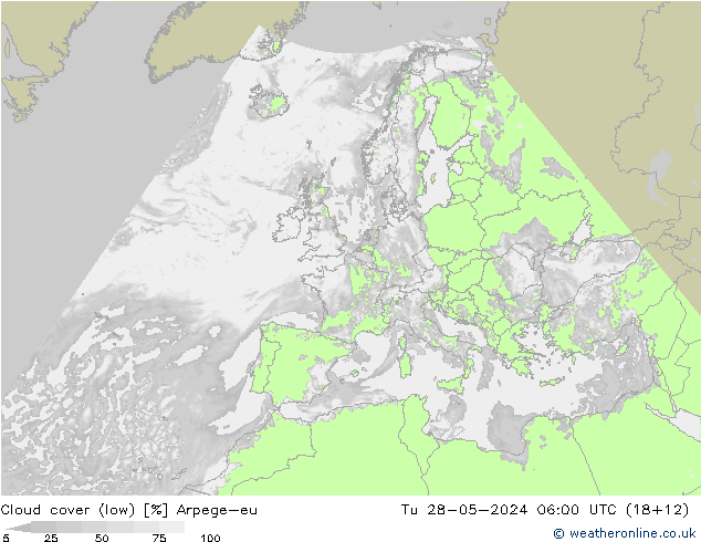 Cloud cover (low) Arpege-eu Tu 28.05.2024 06 UTC