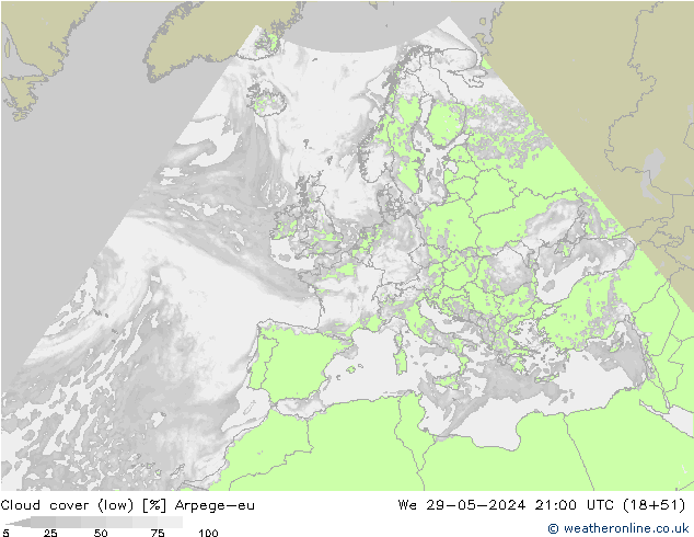 Cloud cover (low) Arpege-eu We 29.05.2024 21 UTC