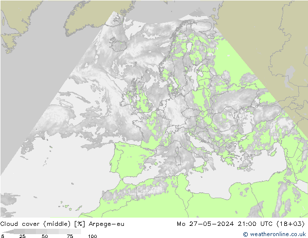 Cloud cover (middle) Arpege-eu Mo 27.05.2024 21 UTC