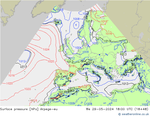 Atmosférický tlak Arpege-eu St 29.05.2024 18 UTC