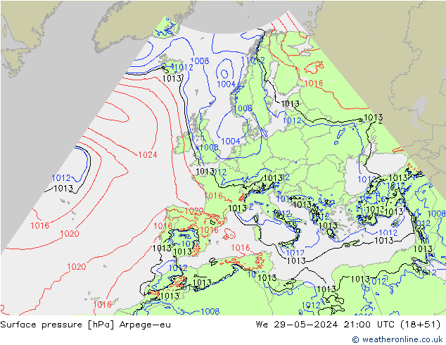 Atmosférický tlak Arpege-eu St 29.05.2024 21 UTC