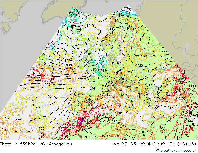 Theta-e 850hPa Arpege-eu Mo 27.05.2024 21 UTC