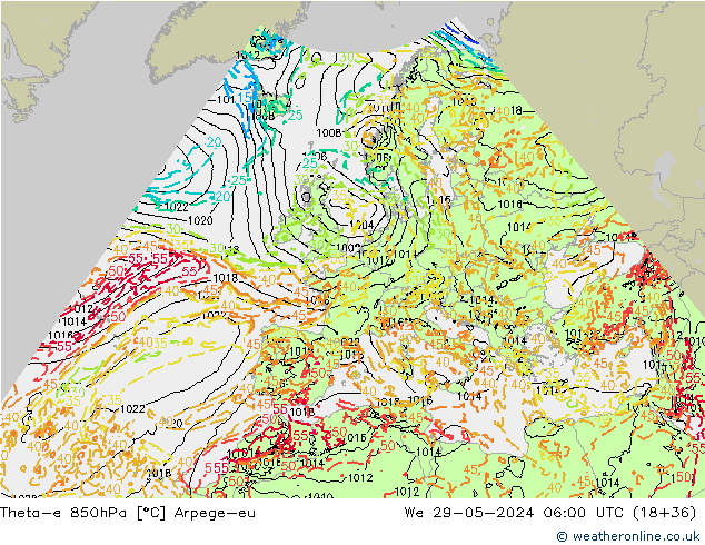 Theta-e 850hPa Arpege-eu Mi 29.05.2024 06 UTC