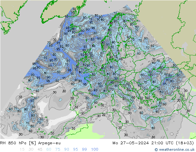 RH 850 hPa Arpege-eu Mo 27.05.2024 21 UTC