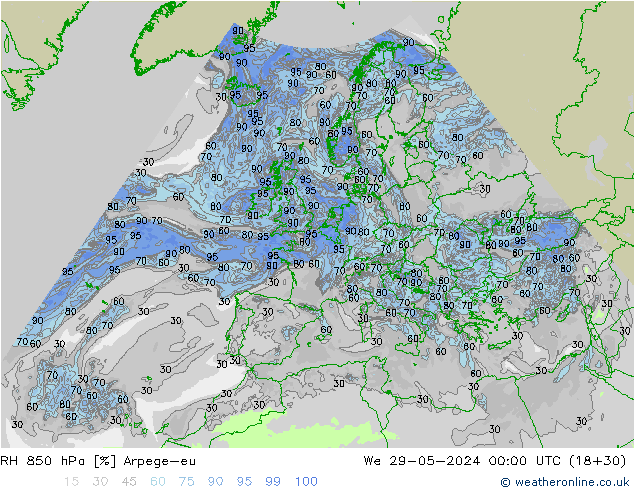 RH 850 hPa Arpege-eu mer 29.05.2024 00 UTC