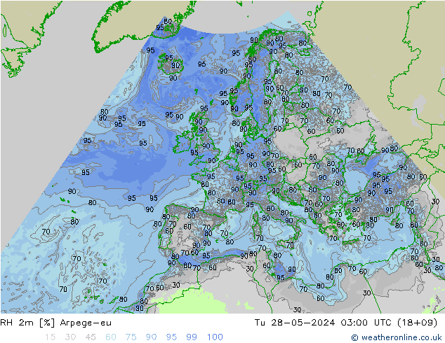 RH 2m Arpege-eu Út 28.05.2024 03 UTC