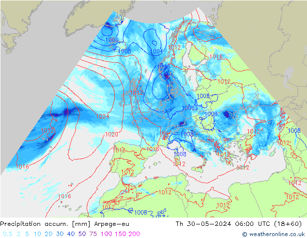Totale neerslag Arpege-eu do 30.05.2024 06 UTC