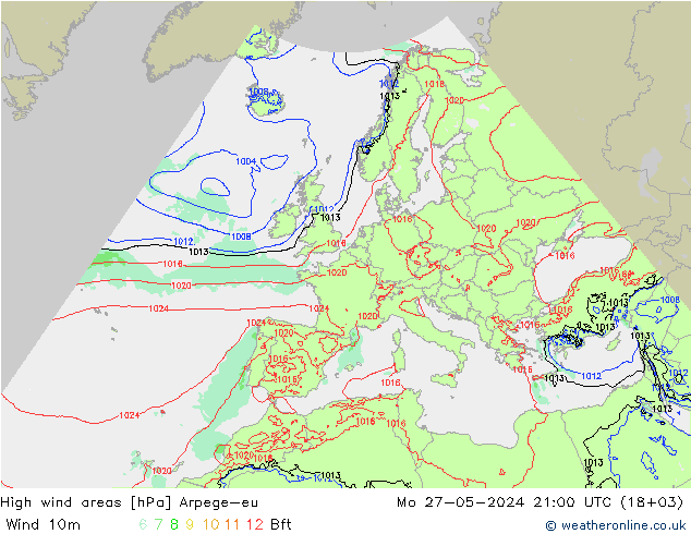 High wind areas Arpege-eu Po 27.05.2024 21 UTC