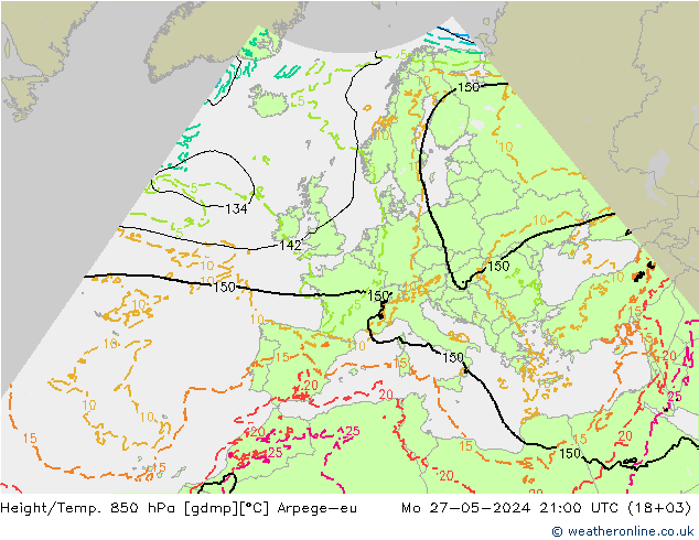 Height/Temp. 850 hPa Arpege-eu 星期一 27.05.2024 21 UTC