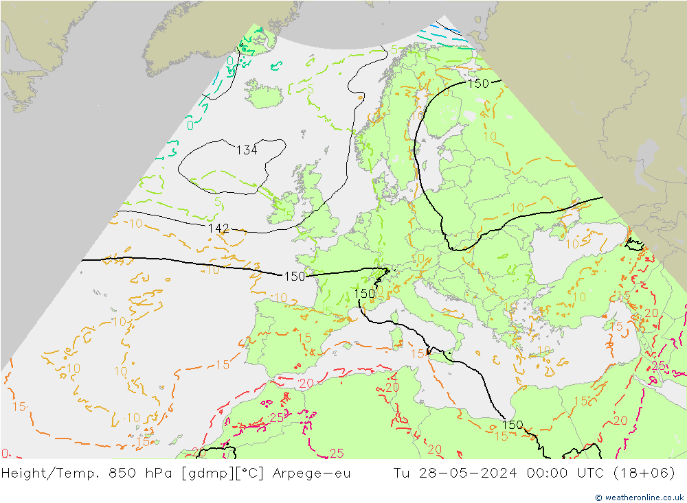 Hoogte/Temp. 850 hPa Arpege-eu di 28.05.2024 00 UTC