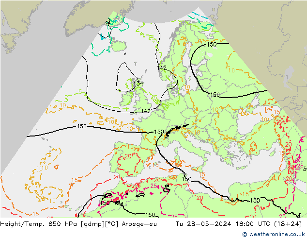 Height/Temp. 850 hPa Arpege-eu Tu 28.05.2024 18 UTC