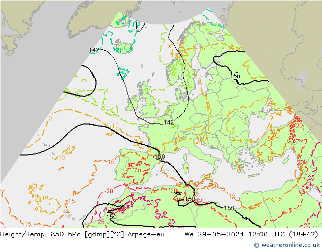 Hoogte/Temp. 850 hPa Arpege-eu wo 29.05.2024 12 UTC