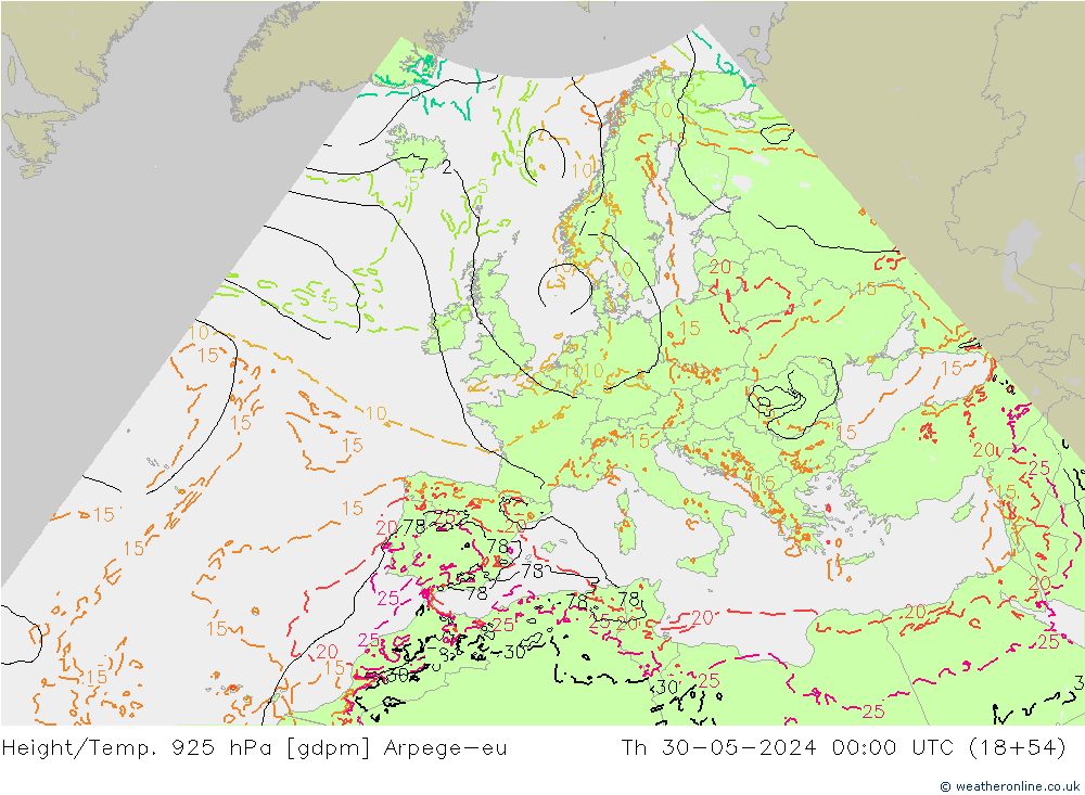 Height/Temp. 925 hPa Arpege-eu Do 30.05.2024 00 UTC