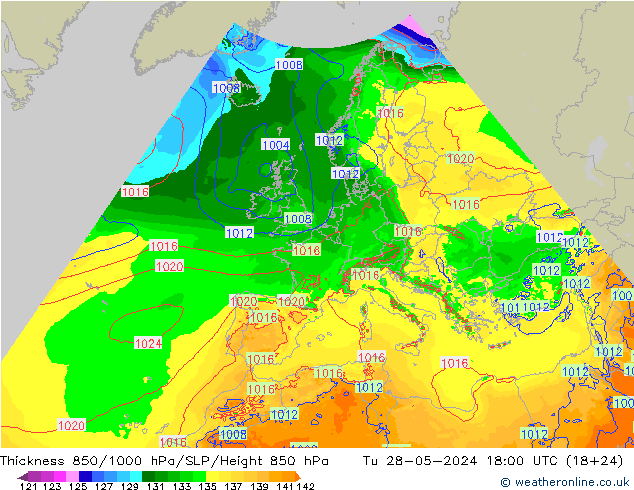 Thck 850-1000 hPa Arpege-eu mar 28.05.2024 18 UTC