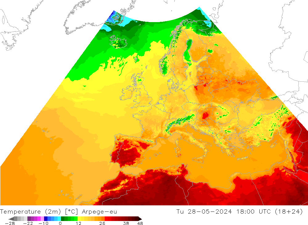 Temperatuurkaart (2m) Arpege-eu di 28.05.2024 18 UTC