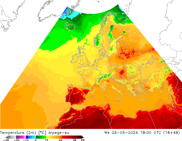 Temperaturkarte (2m) Arpege-eu Mi 29.05.2024 18 UTC