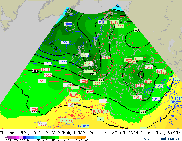 Espesor 500-1000 hPa Arpege-eu lun 27.05.2024 21 UTC