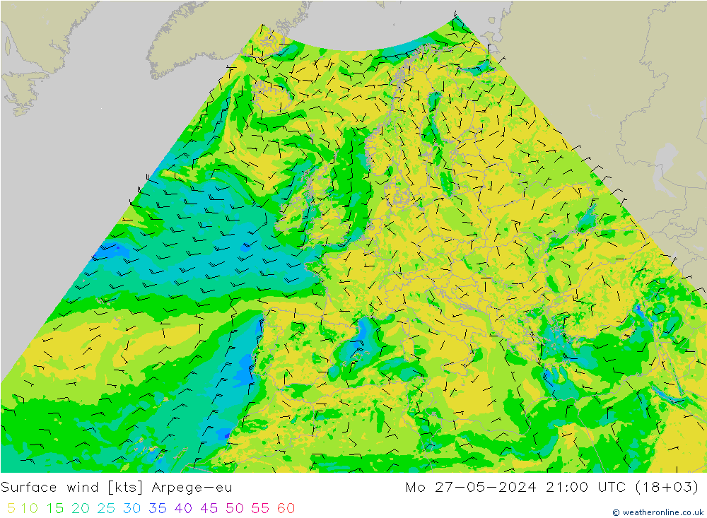 Surface wind Arpege-eu Mo 27.05.2024 21 UTC