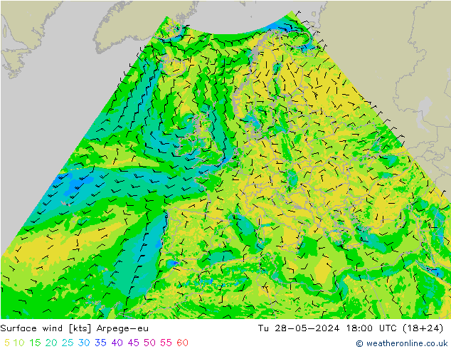 Surface wind Arpege-eu Tu 28.05.2024 18 UTC