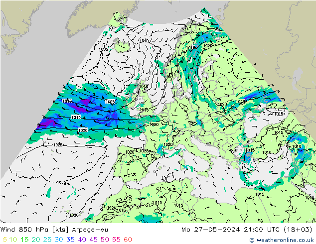 Wind 850 hPa Arpege-eu Mo 27.05.2024 21 UTC