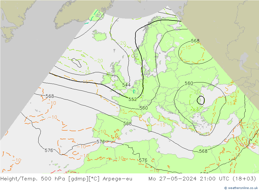 Height/Temp. 500 hPa Arpege-eu Mo 27.05.2024 21 UTC