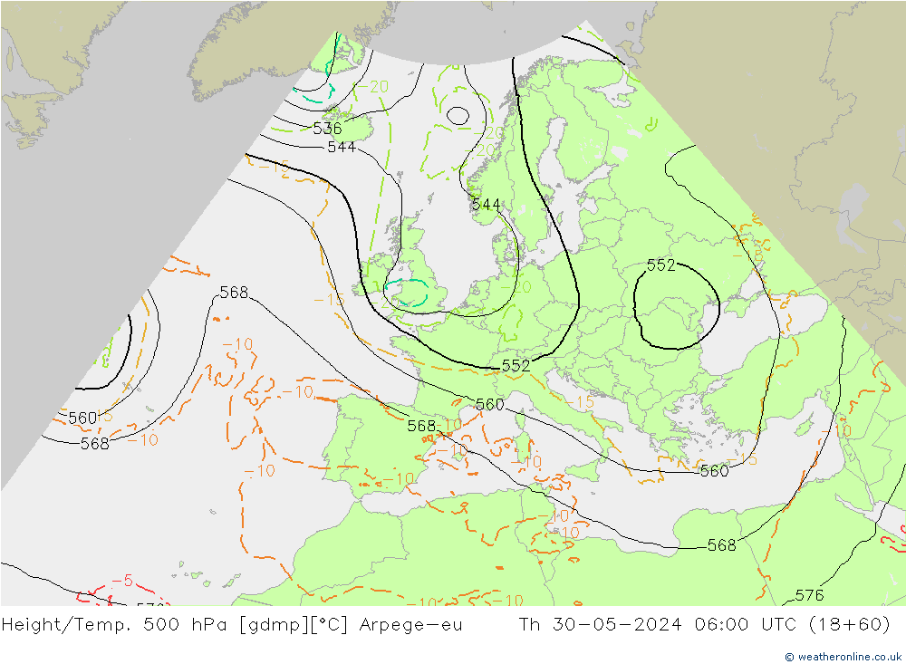 Height/Temp. 500 гПа Arpege-eu чт 30.05.2024 06 UTC