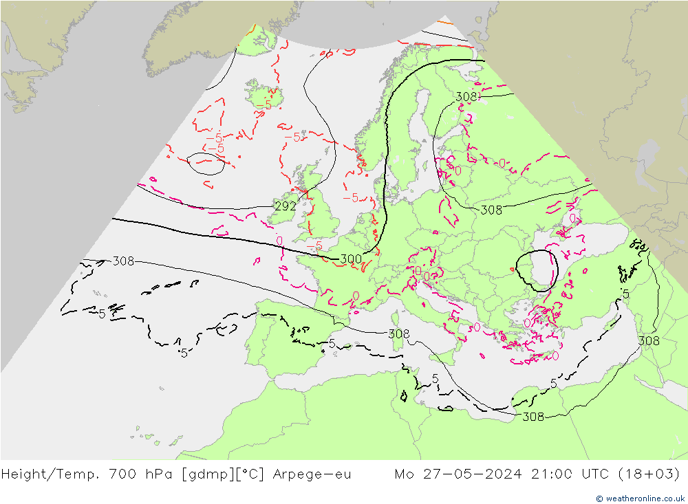 Height/Temp. 700 hPa Arpege-eu Seg 27.05.2024 21 UTC