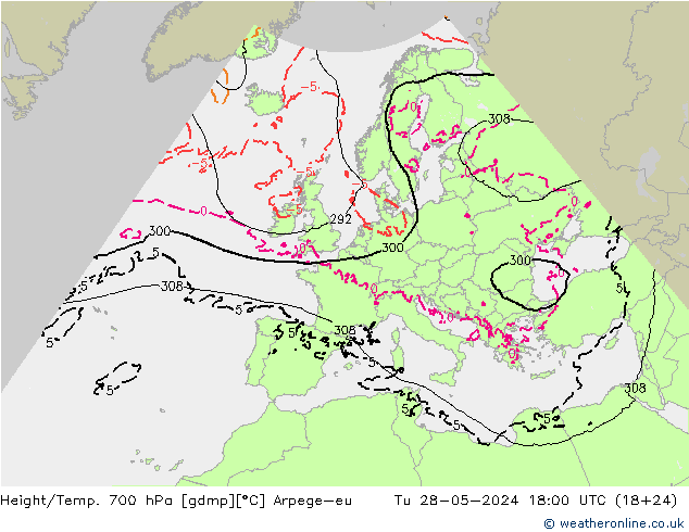 Height/Temp. 700 hPa Arpege-eu Tu 28.05.2024 18 UTC