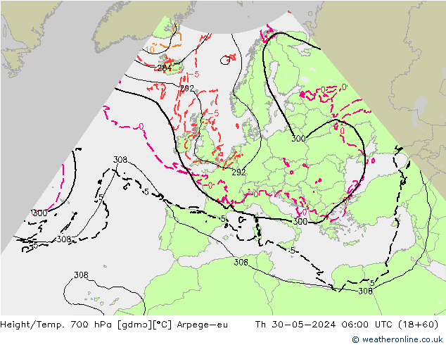 Height/Temp. 700 hPa Arpege-eu Čt 30.05.2024 06 UTC