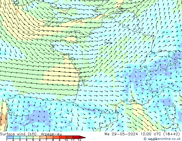 Surface wind (bft) Arpege-eu We 29.05.2024 12 UTC