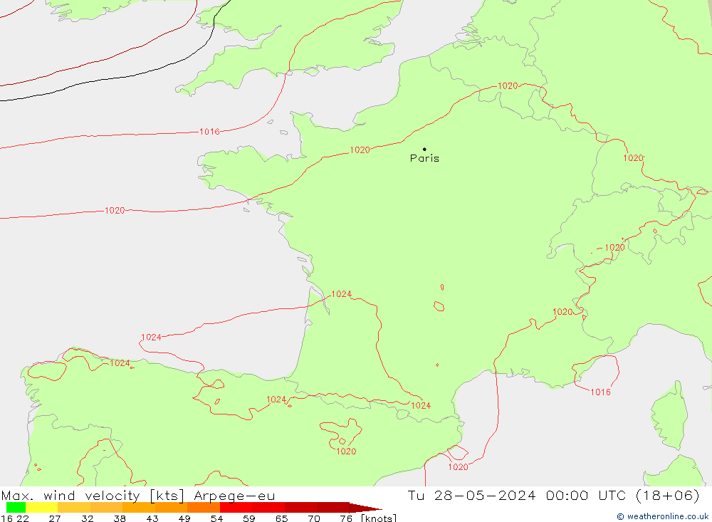 Max. wind snelheid Arpege-eu di 28.05.2024 00 UTC