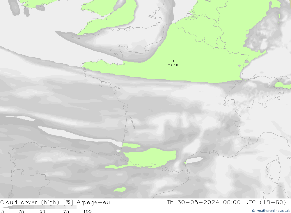 Cloud cover (high) Arpege-eu Th 30.05.2024 06 UTC