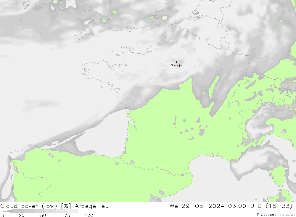 nízká oblaka Arpege-eu St 29.05.2024 03 UTC