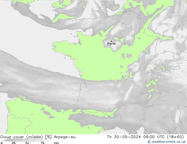 oblačnosti uprostřed Arpege-eu Čt 30.05.2024 06 UTC