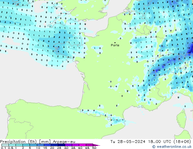Precipitation (6h) Arpege-eu Út 28.05.2024 00 UTC