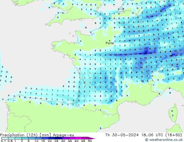 Totale neerslag (12h) Arpege-eu do 30.05.2024 06 UTC