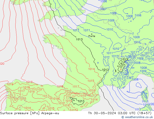 Atmosférický tlak Arpege-eu Čt 30.05.2024 03 UTC