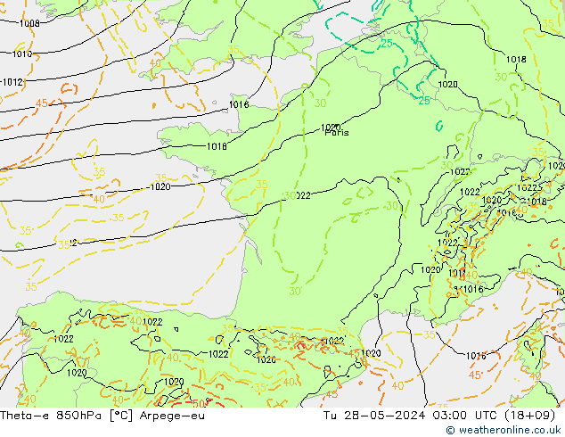 Theta-e 850hPa Arpege-eu mar 28.05.2024 03 UTC