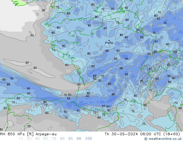 RH 850 hPa Arpege-eu Qui 30.05.2024 06 UTC