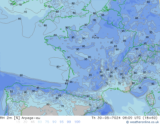 RH 2m Arpege-eu czw. 30.05.2024 06 UTC