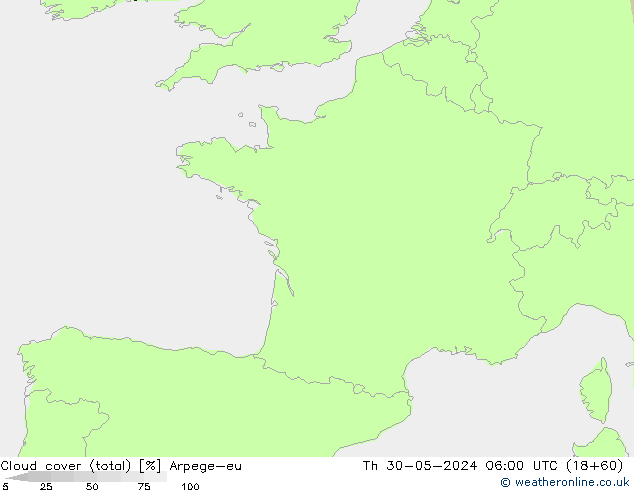 Cloud cover (total) Arpege-eu Čt 30.05.2024 06 UTC