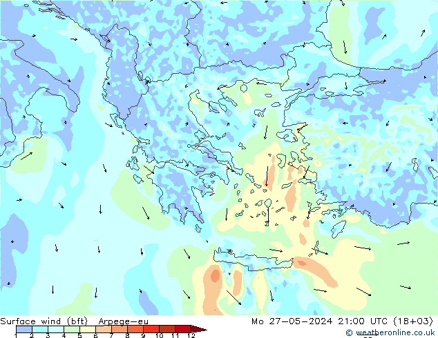 Viento 10 m (bft) Arpege-eu lun 27.05.2024 21 UTC