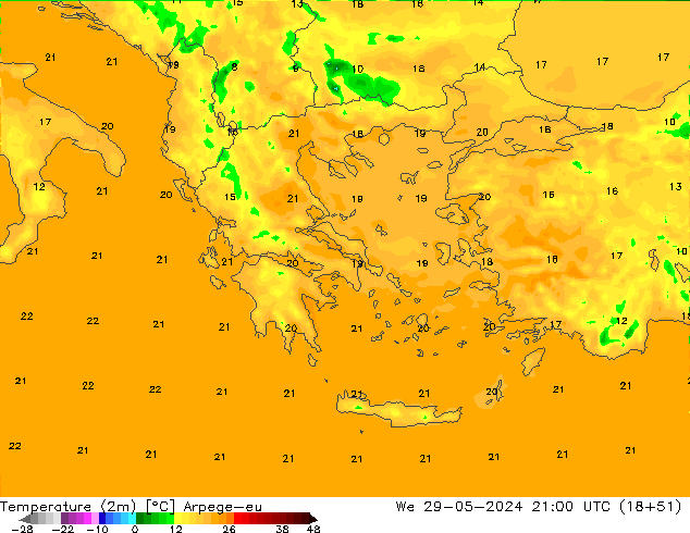 Temperatuurkaart (2m) Arpege-eu wo 29.05.2024 21 UTC