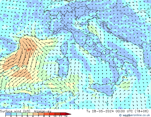Vento 10 m (bft) Arpege-eu mar 28.05.2024 00 UTC