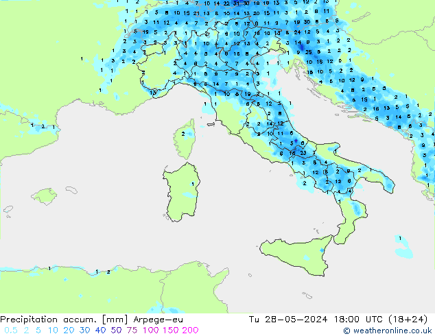 Precipitation accum. Arpege-eu Tu 28.05.2024 18 UTC