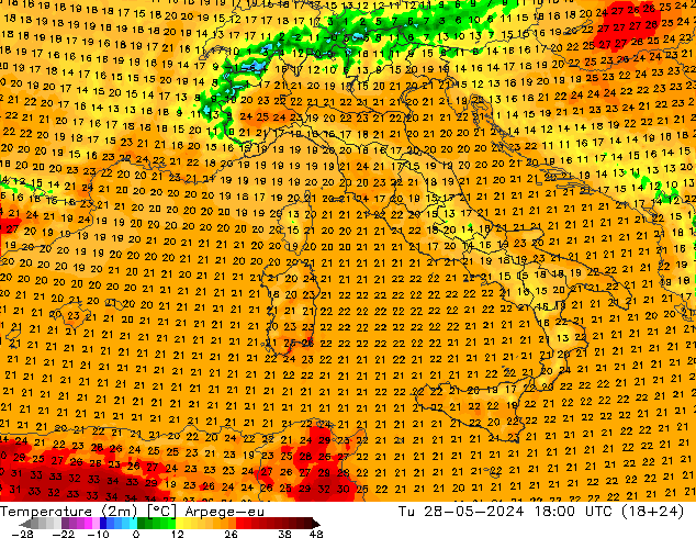 Temperature (2m) Arpege-eu Tu 28.05.2024 18 UTC