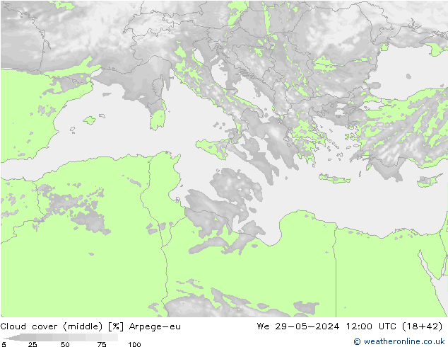 Cloud cover (middle) Arpege-eu We 29.05.2024 12 UTC