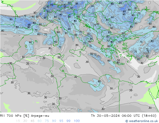 RH 700 hPa Arpege-eu Th 30.05.2024 06 UTC